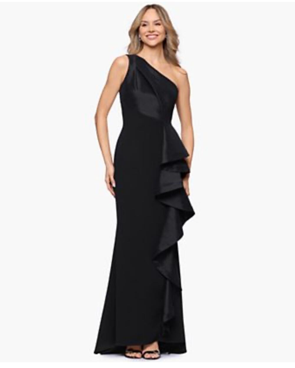 Stunning Betsy & Adam Black One-Shoulder Gown - Size 12